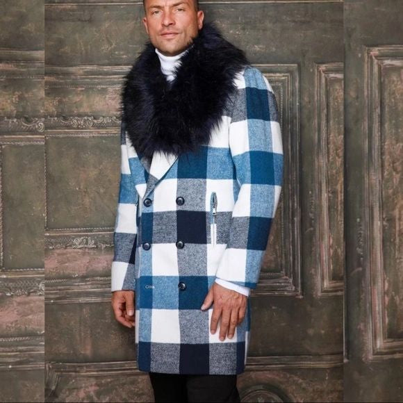 Men's Fashion Blue | White Plaid Faux Fur Overcoat