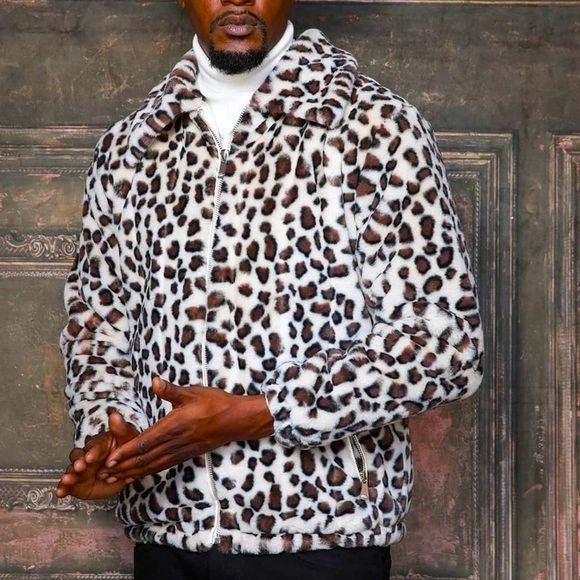 Men's Fashion Off White Brown Leopard Faux Fur Fuzzy Coat