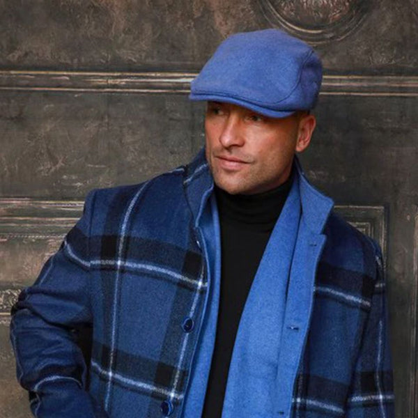 Men's Fashion Black Blue Detachable Scarf & Matching Hat Mid Length Trench Coat