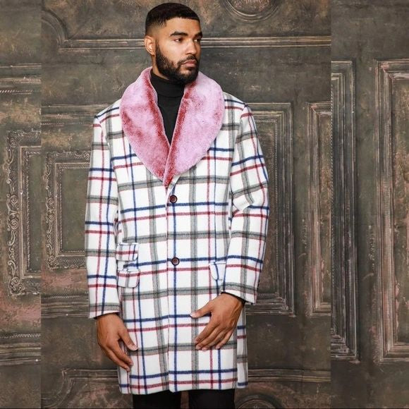 Men's Fashion White Red Navy Striped Faux Fur Overcoat