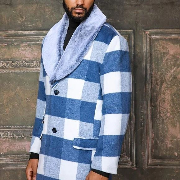 Men's Fashion White Lt. Blue Plaid Faux Fur Overcoat