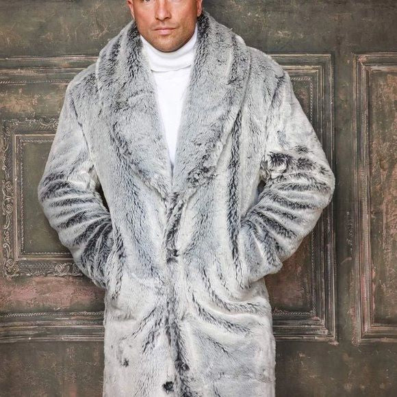 Men's Fashion Silver Faux Fur Overcoat