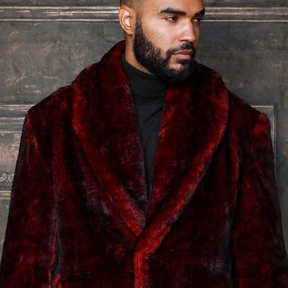 Men's Fashion Burgundy Black Faux Fur Overcoat