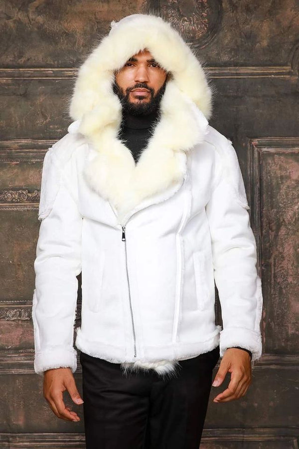 Men's Fashion White Faux Fur Hooded Coat