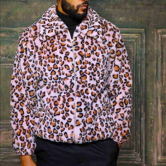 Men's Fashion Pink Brown Leopard Faux Fur Fuzzy Coat
