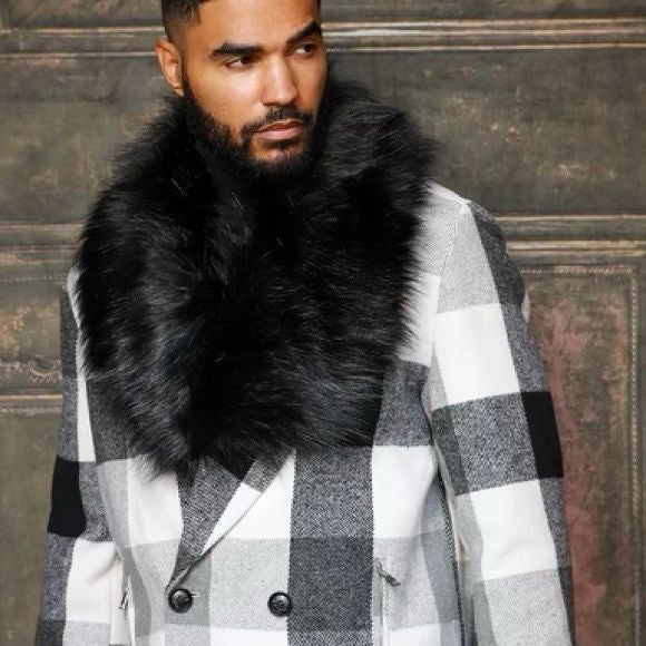 Men's Fashion Black White Plaid Faux Fur Overcoat