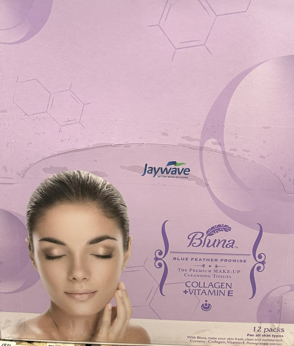 Bluna Facial Make-Up Cleansing Tissue for All Skin Types, Collagen+Vitamin E , 30ct per pack (12 PACK)