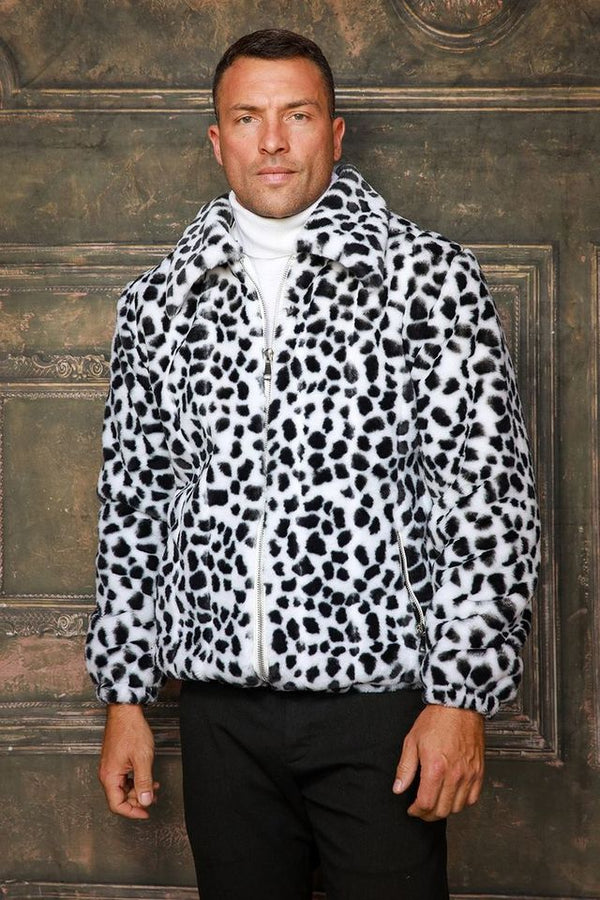 Men's Fashion White Black Leopard Faux Fur Fuzzy Coat