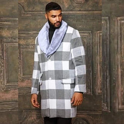 Men's Fashion White Grey Plaid Faux Fur Overcoat