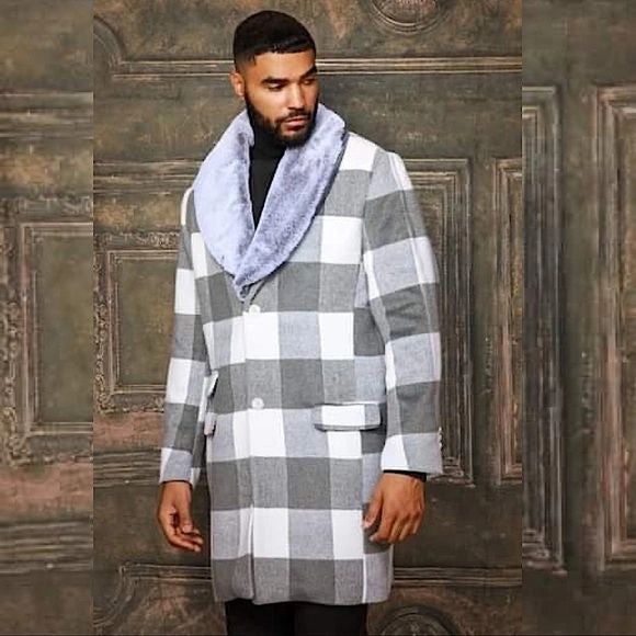Men's Fashion White Grey Plaid Faux Fur Overcoat