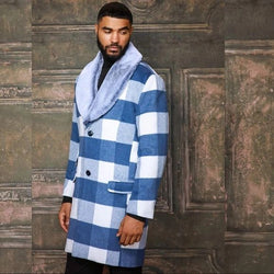 Men's Fashion White Lt. Blue Plaid Faux Fur Overcoat