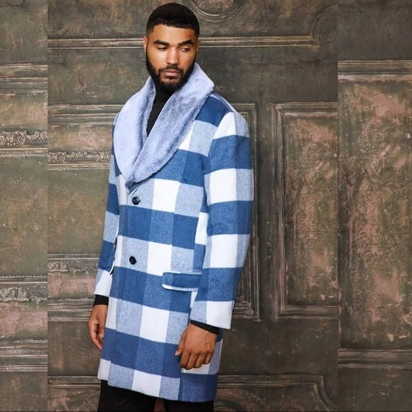 Men's Fashion White Lt. Blue Plaid Faux Fur Overcoat