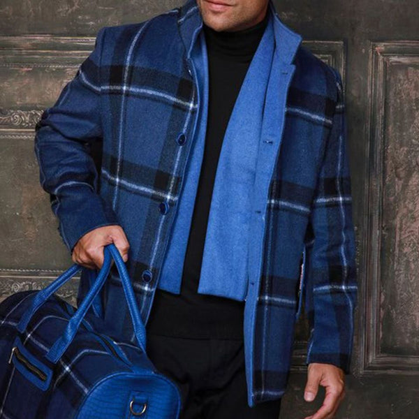 Men's Fashion Black Blue Detachable Scarf & Matching Hat Mid Length Trench Coat