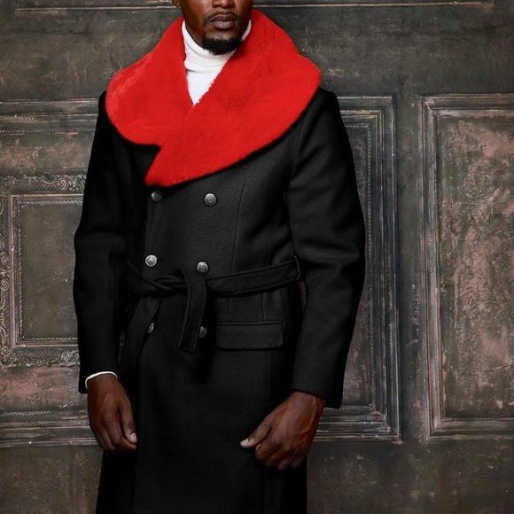 Men's Fashion Black | Red Faux Fur Overcoat