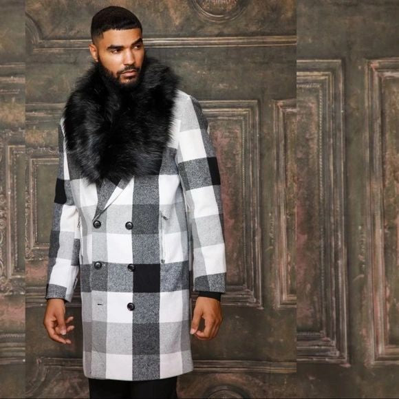 Men's Fashion Black White Plaid Faux Fur Overcoat