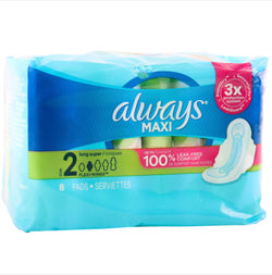 Always Maxi Pads Size 2 Long Super W/Wings 8 ct