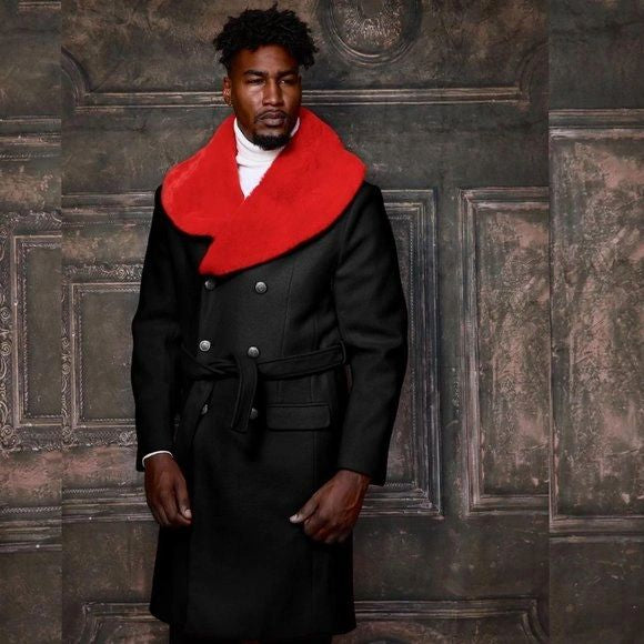Men's Fashion Black | Red Faux Fur Overcoat