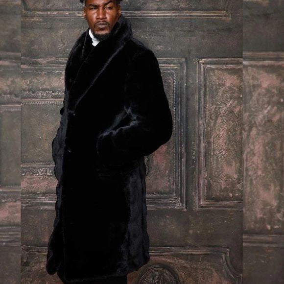 Men's Fashion Black Faux Fur Overcoat