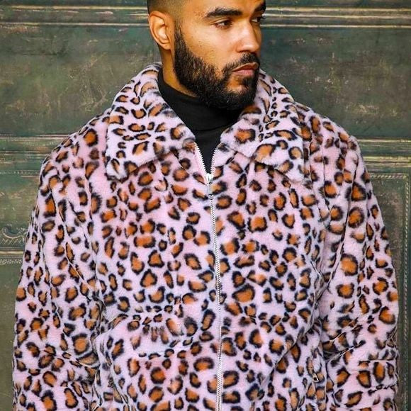 Men's Fashion Pink Brown Leopard Faux Fur Fuzzy Coat
