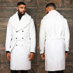 Men's Fashion Off White Solid Faux Fur Overcoat