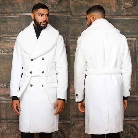 Men's Fashion Off White Solid Faux Fur Overcoat