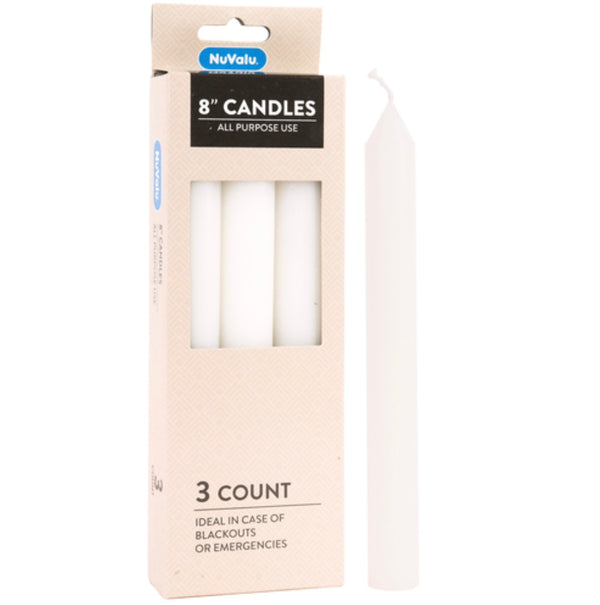 Nuvalu All Purpose 8" White Candles 3 ct