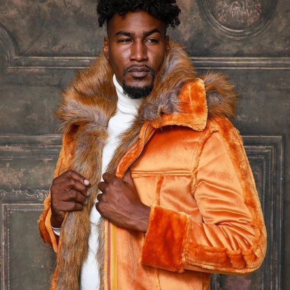 Men's Fashion Copper Faux Fur Coat