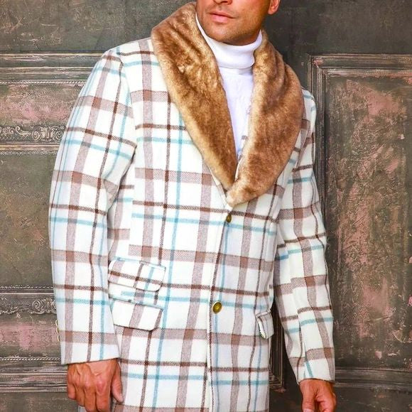 Men's Fashion Tan Solid Plaid Faux Fur Overcoat