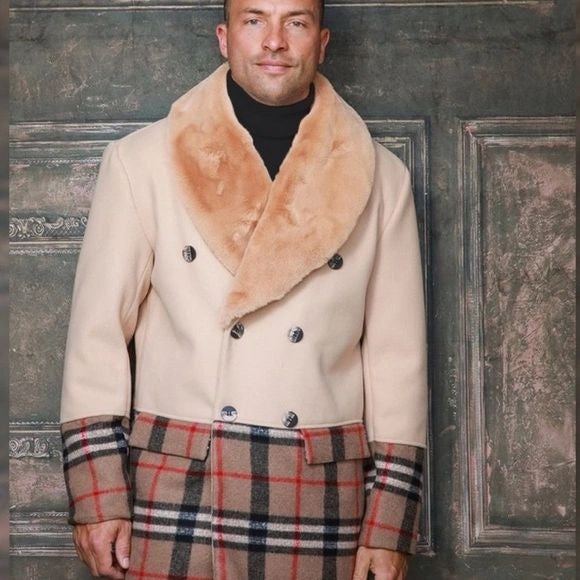 Men's Fashion Tan Solid Plaid Faux Fur Overcoat