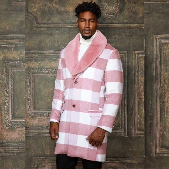 Men's Fashion White Pink Plaid Faux Fur Overcoat