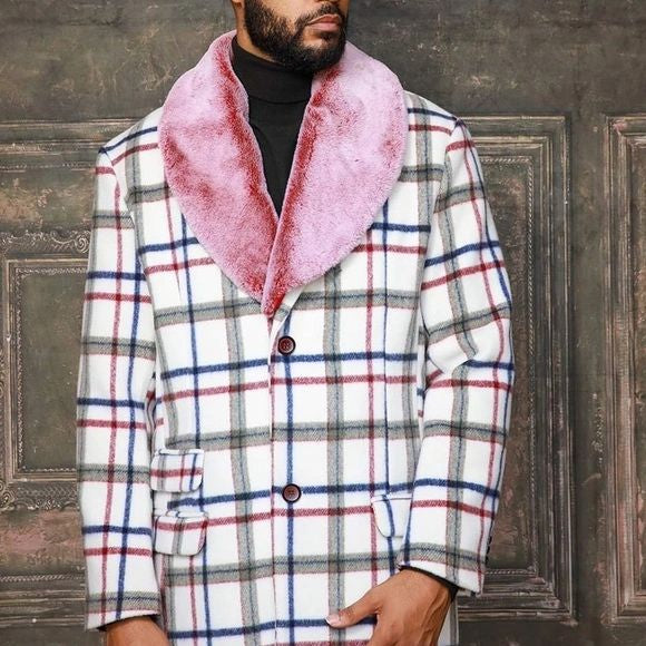 Men's Fashion White Red Navy Striped Faux Fur Overcoat