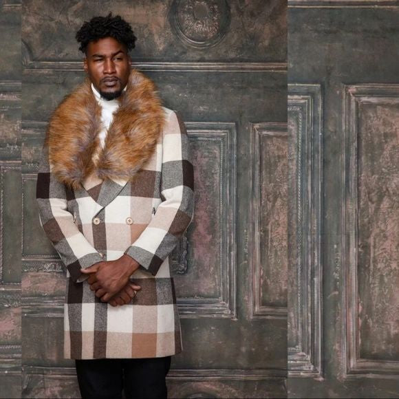 Men's Fashion Brown Tan Plaid Faux Fur Overcoat