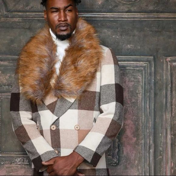 Men's Fashion Brown Tan Plaid Faux Fur Overcoat