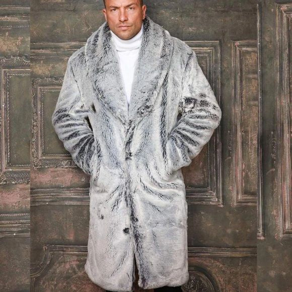 Men's Fashion Silver Faux Fur Overcoat