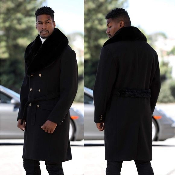 Men's Fashion Black Solid Faux Fur Overcoat