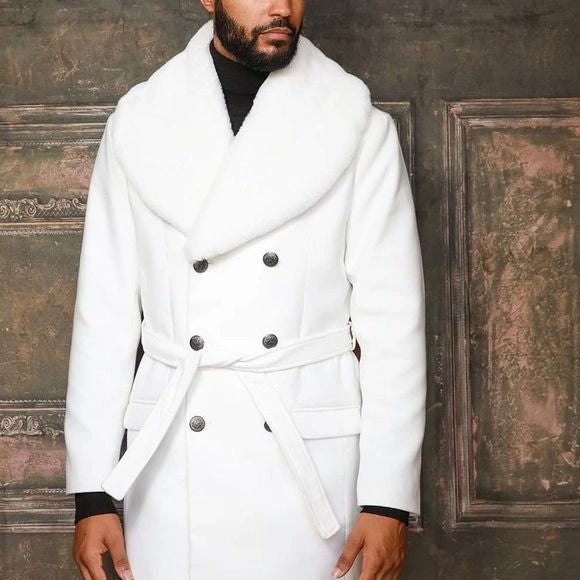 Men's Fashion Off White Solid Faux Fur Overcoat