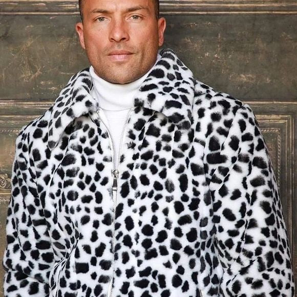 Men's Fashion White Black Leopard Faux Fur Fuzzy Coat