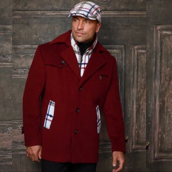 Men's Black Red Detachable Scarf Mid Length Trench Coat & Matching Hat