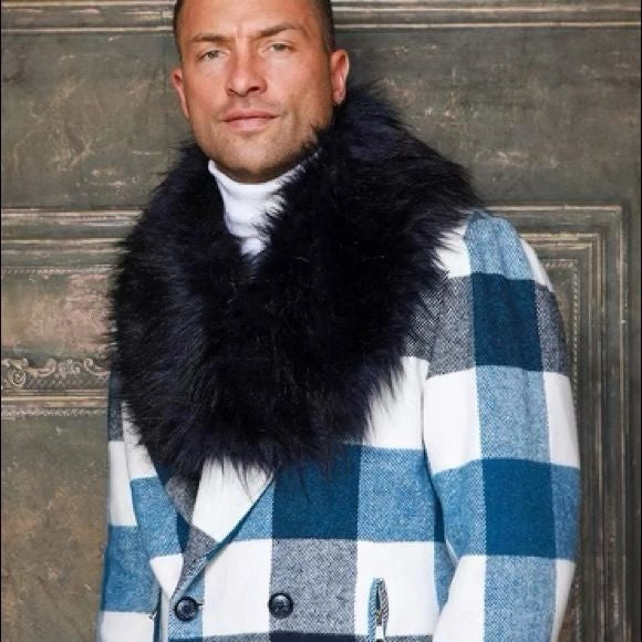 Men's Fashion Blue | White Plaid Faux Fur Overcoat