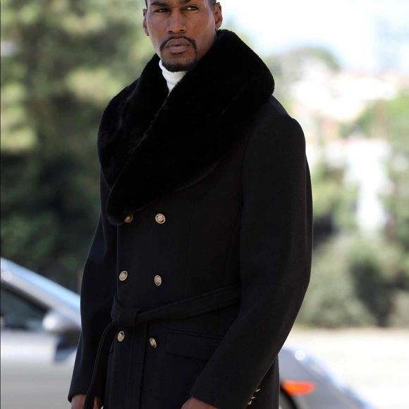 Men's Fashion Black Solid Faux Fur Overcoat