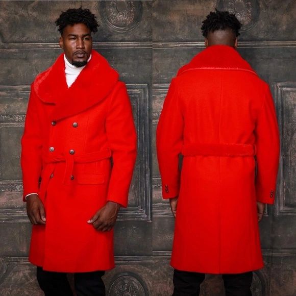 Men's Fashion Red Solid Faux Fur Overcoat