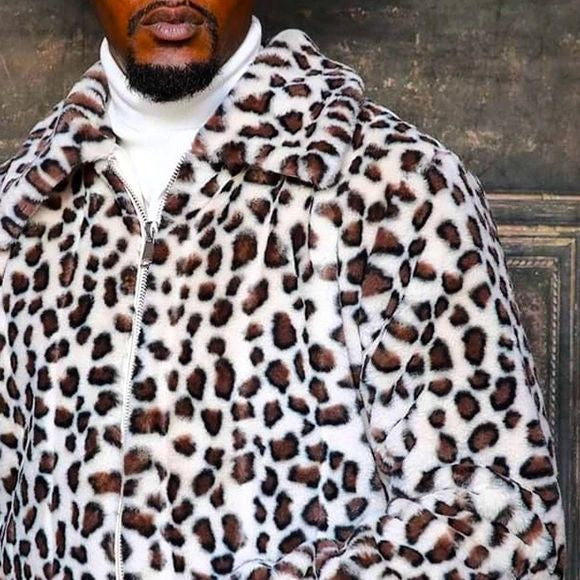 Men's Fashion Off White Brown Leopard Faux Fur Fuzzy Coat