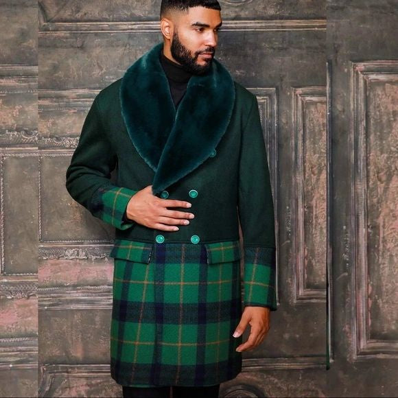 Men's Fashion Green Solid Plaid Faux Fur Overcoat