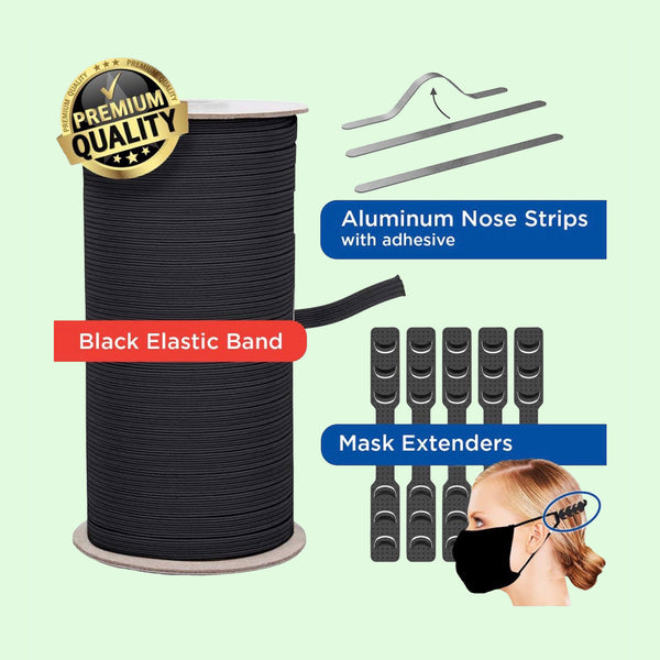 1/4 Inch 100 yards DIY Black Elastic Band with 10 Free Nose Strips & Mask Extender