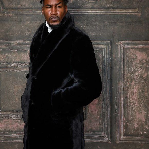 Men's Fashion Black Faux Fur Overcoat