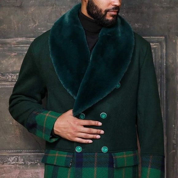 Men's Fashion Green Solid Plaid Faux Fur Overcoat