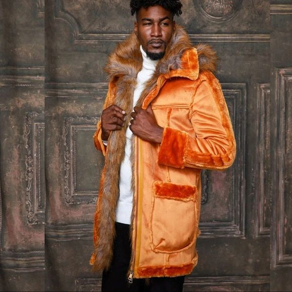 Men's Fashion Copper Faux Fur Coat