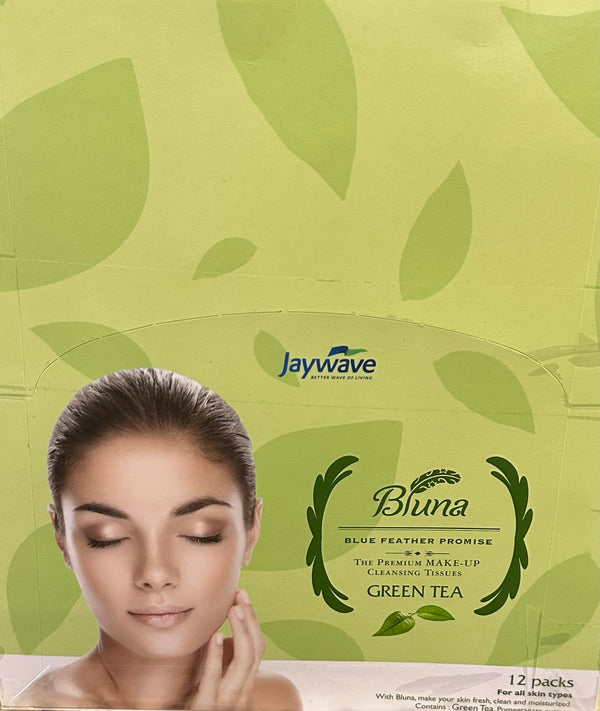 Bluna Facial Make-Up Cleansing Tissue for All Skin Types, Green Tea, 30ct per pack (12 PACK)