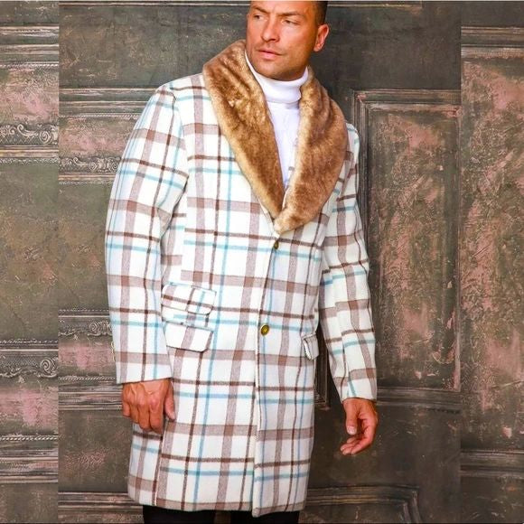 Men's Fashion Tan Solid Plaid Faux Fur Overcoat