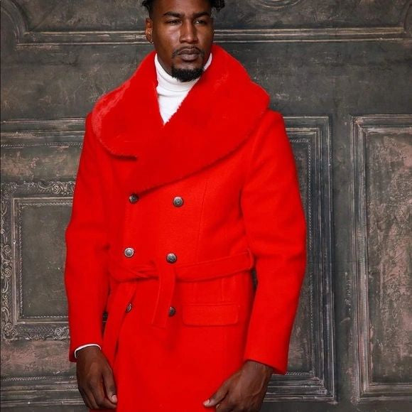 Men's Fashion Red Solid Faux Fur Overcoat